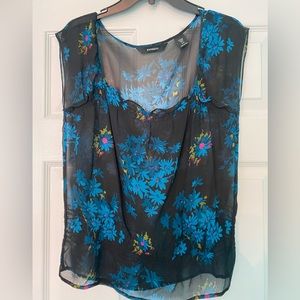 Express Silk Sheer Top Black Blue Pink flowers Size 7/8